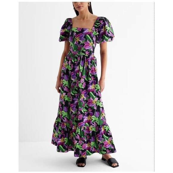 Express Dresses & Skirts - Floral Square Neck Puff Sleeve Tiered Poplin Maxi Dress Medium NWT Wedding Guest